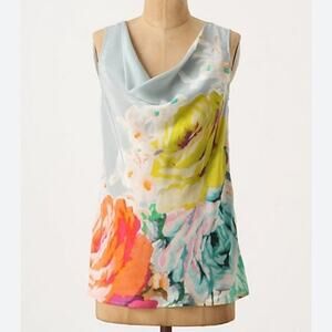 NWT Anthropologie Hype 100% silk gray floral blouse top shirt size small S B159